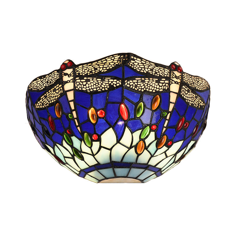 Lisslune | Semi-circular wall lamp with dragonfly and decorative Tiffany glass wall light in red/blue for café