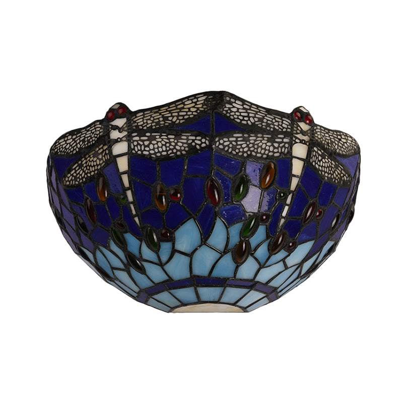 Lisslune | Semi-circular wall lamp with dragonfly and decorative Tiffany glass wall light in red/blue for café