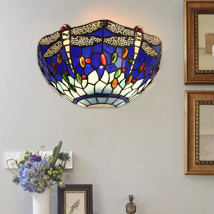 Lisslune | Semi-circular wall lamp with dragonfly and decorative Tiffany glass wall light in red/blue for café
