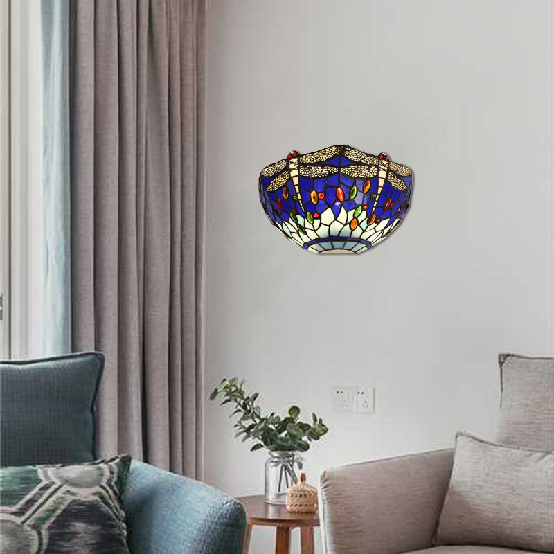 Lisslune | Semi-circular wall lamp with dragonfly and decorative Tiffany glass wall light in red/blue for café