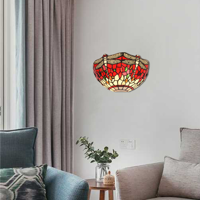 Lisslune | Semi-circular wall lamp with dragonfly and decorative Tiffany glass wall light in red/blue for café