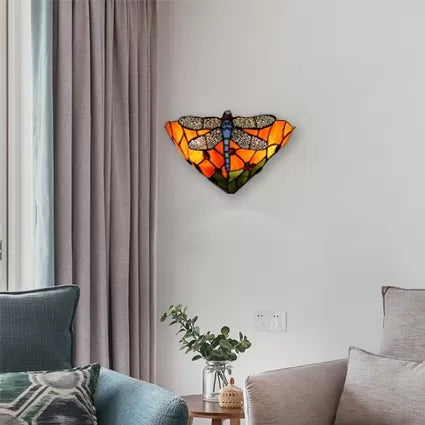 Lisslune | Wall lamp Bowl with dragonfly pattern stained glass 2 lights rustic wall mount light
