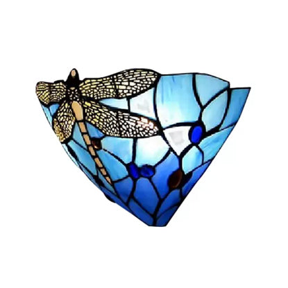 Lisslune | Wall lamp Bowl with dragonfly pattern stained glass 2 lights rustic wall mount light