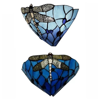 Lisslune | Wall lamp Bowl with dragonfly pattern stained glass 2 lights rustic wall mount light