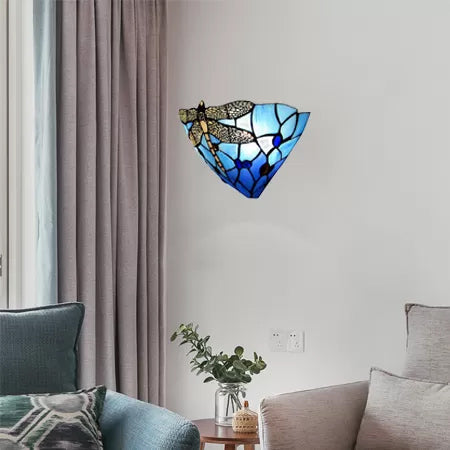 Lisslune | Wall lamp Bowl with dragonfly pattern stained glass 2 lights rustic wall mount light