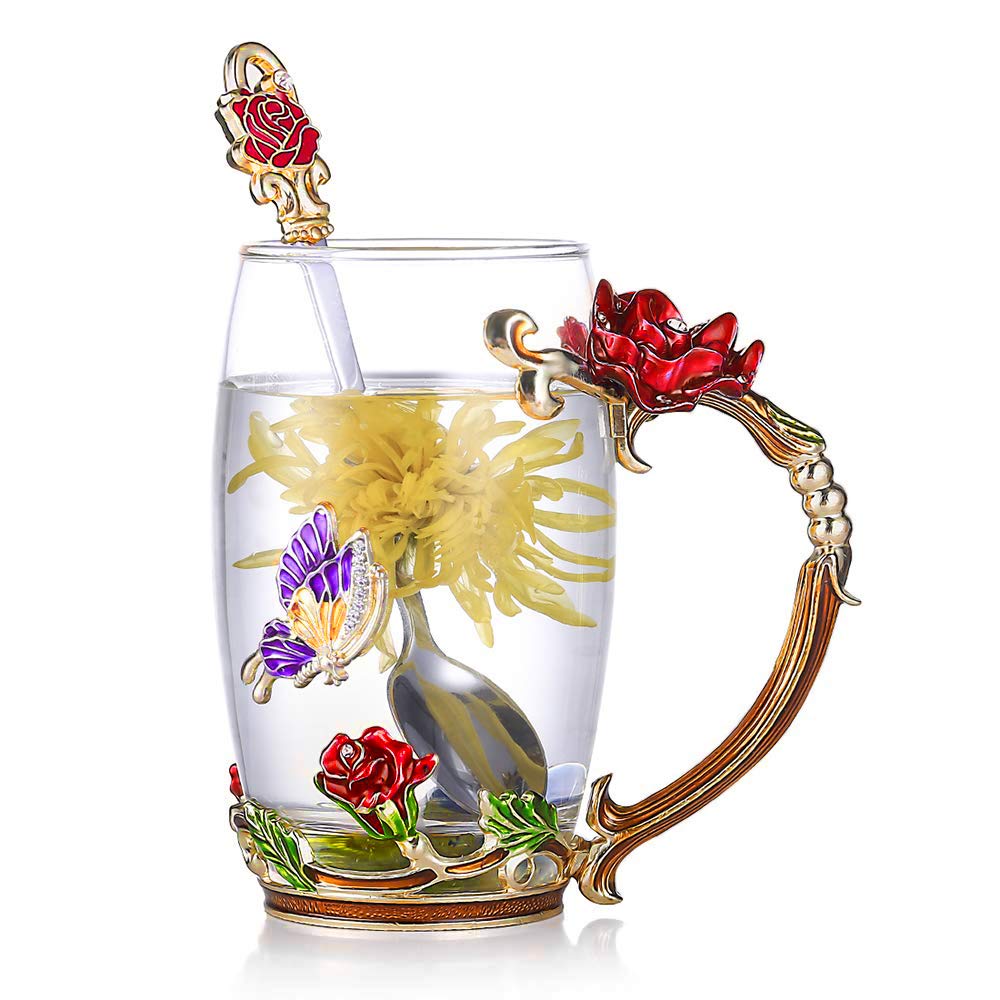 Lisslune | Enamel Rose Glass Tea Cup Set (With Spoon)