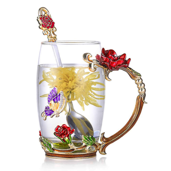 Lisslune | Enamel Rose Glass Tea Cup Set (With Spoon)