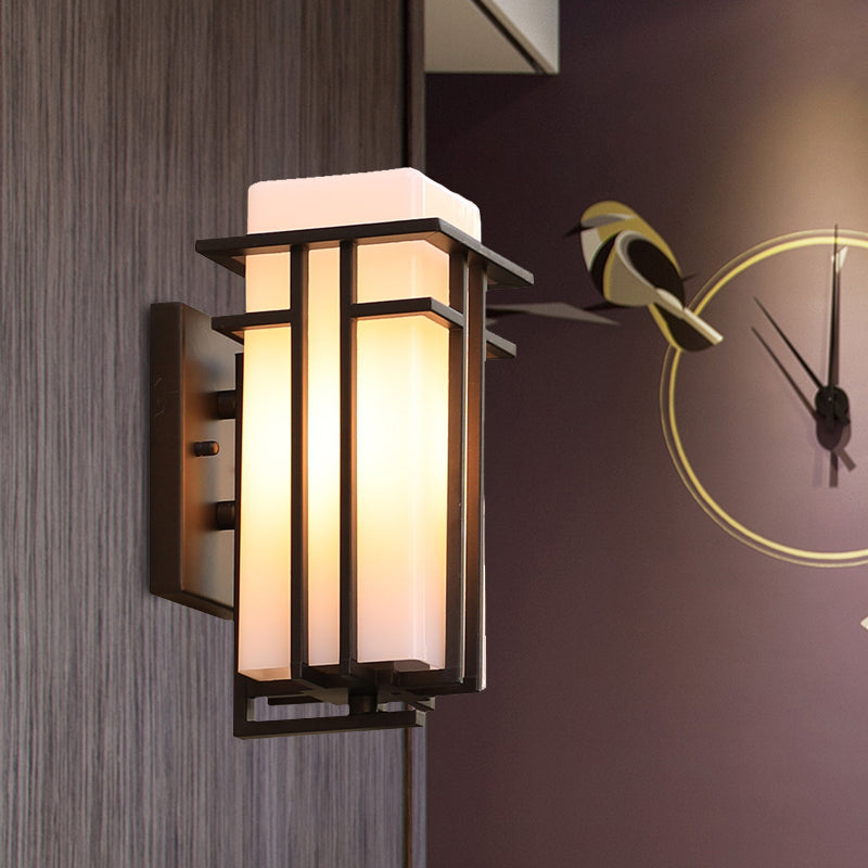Skørter | White Glass Cube Wall Lamp Country 1 Head Outdoor Wall Lamp with Matt Black Metal Frame