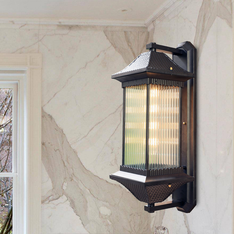 Skørter | 1 Bulb Cube Wall Light Rustic Dark Coffee Clear Ribbed Glass Wall Mounted Lamp, 9"/10" Wide