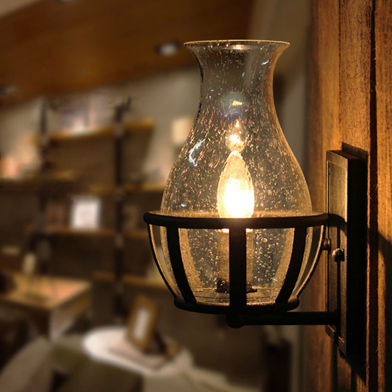 Lisslune | One Pear Wall Lamp Lighting Bottle Shade Sawed Glass Industrial Living Room Lighting Fixture in Black