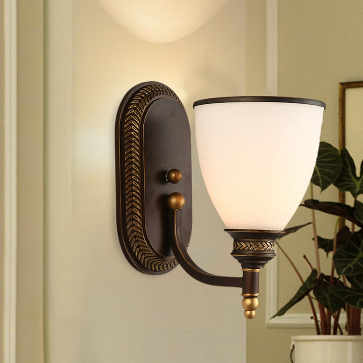 Lisslune | Bowl Shade Opal Glass Wall Mounted Lamp Rustic Single Bulb Bedroom Wall Lamp Light in Bronze