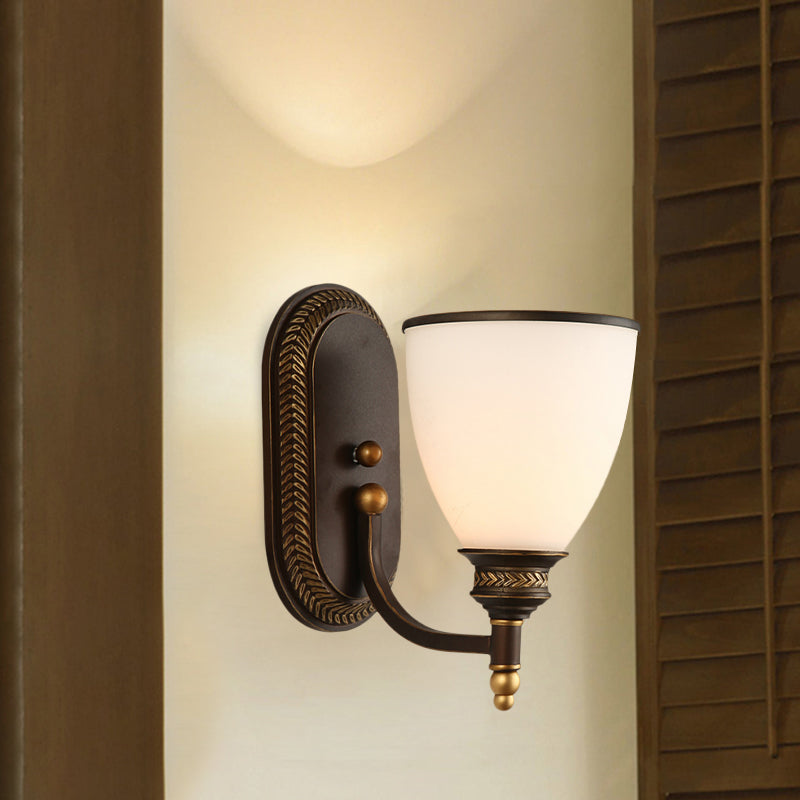 Lisslune | Bowl Shade Opal Glass Wall Mounted Lamp Rustic Single Bulb Bedroom Wall Lamp Light in Bronze