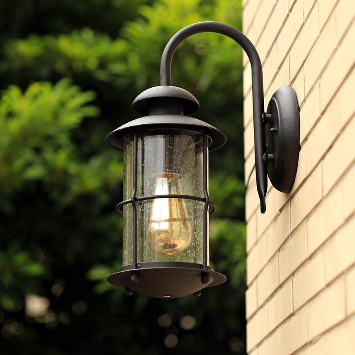 Skørter | Seeded Glass Black Wall Light Cylinder 1-Light Traditional Light Source with Cage
