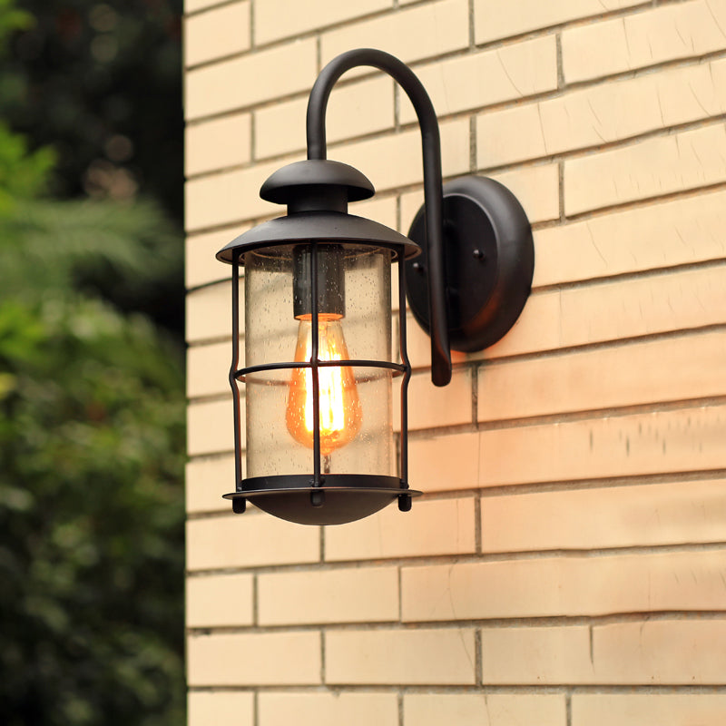Skørter | Seeded Glass Black Wall Light Cylinder 1-Light Traditional Light Source with Cage