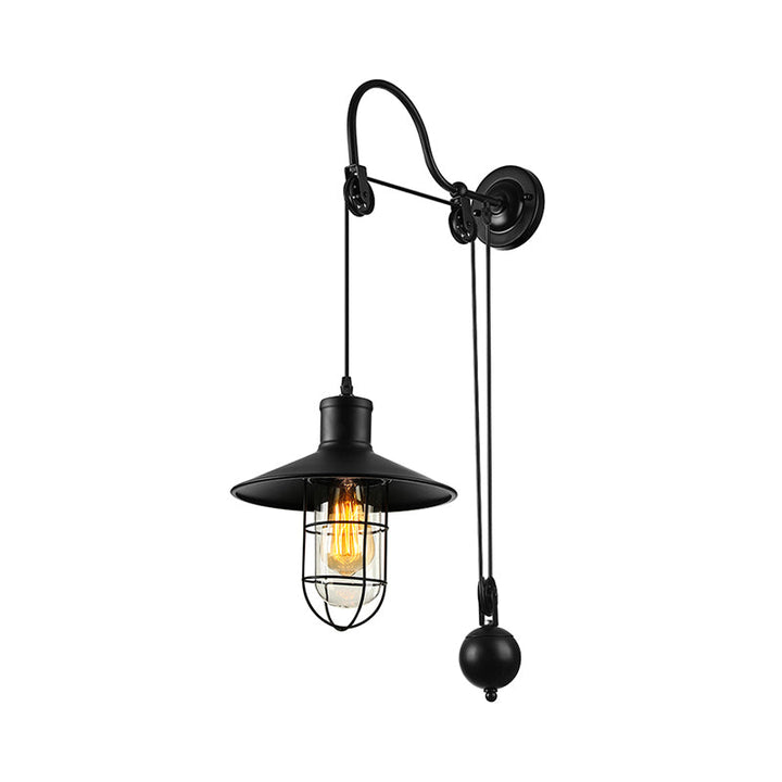 Skørter | Black Single-Light Wall Lamp Industrial Clear Glass Cage Light with Adjustable Pulley