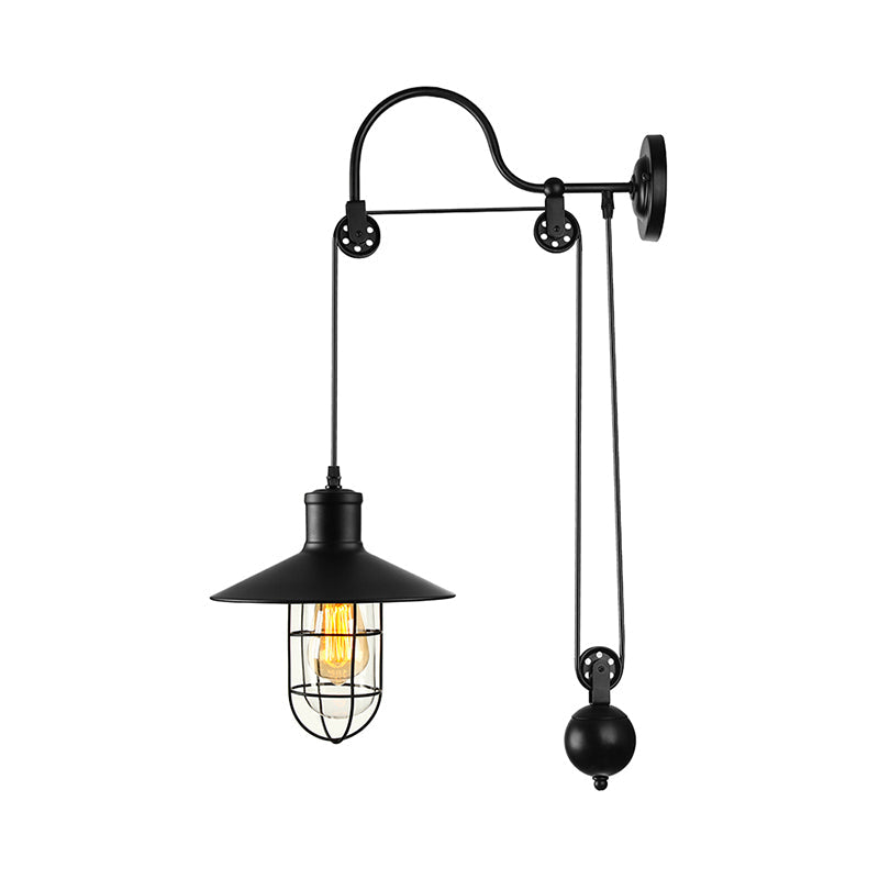 Skørter | Black Single-Light Wall Lamp Industrial Clear Glass Cage Light with Adjustable Pulley
