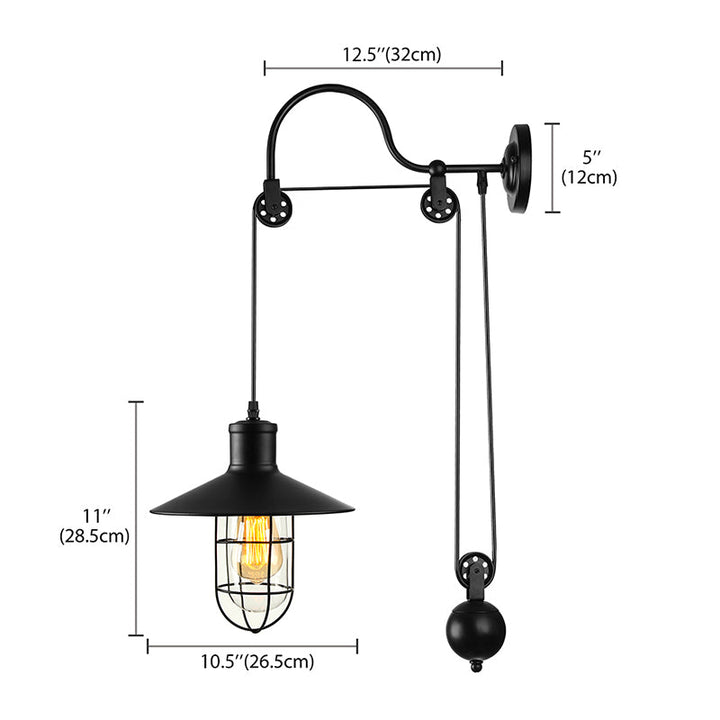 Skørter | Black Single-Light Wall Lamp Industrial Clear Glass Cage Light with Adjustable Pulley