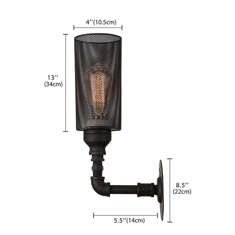 Lisslune | Metallic Cylinder Wall Lighting with Mesh Pattern Vintage Stylish 1 Light Restaurant Wall Mount Light in Black