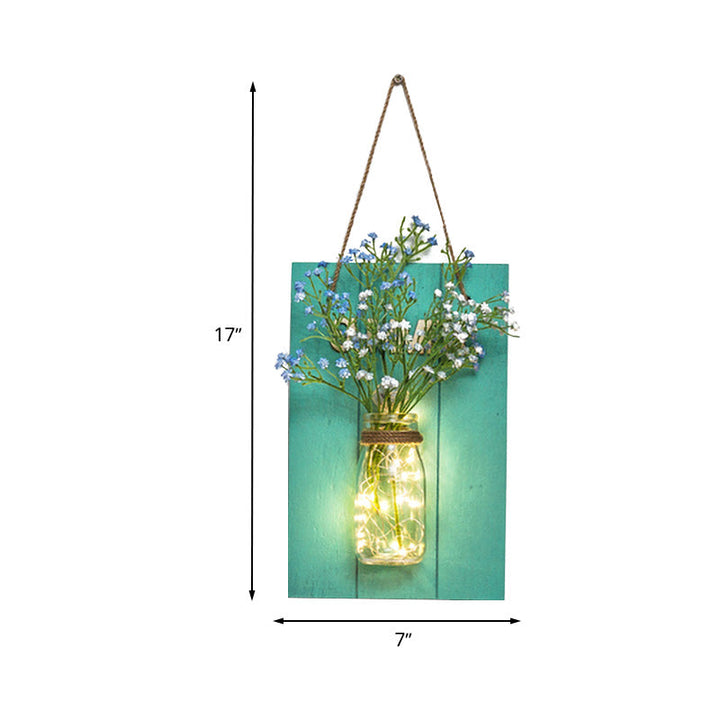 Skørter | Clear Bottle LED Wall Lamp with Plant Decoration Rustic Wall Mount Light in Teal