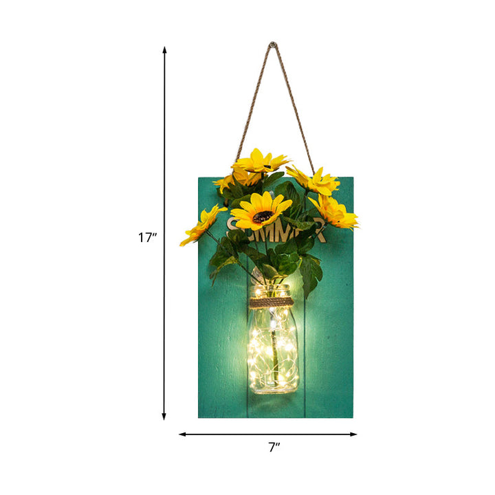 Skørter | Clear Bottle LED Wall Lamp with Plant Decoration Rustic Wall Mount Light in Teal