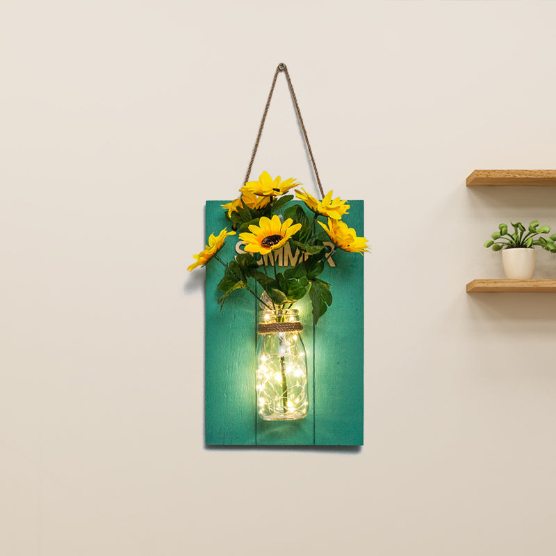 Skørter | Flower light string with blue wooden back panel modern glass container wall lamp for café restaurant