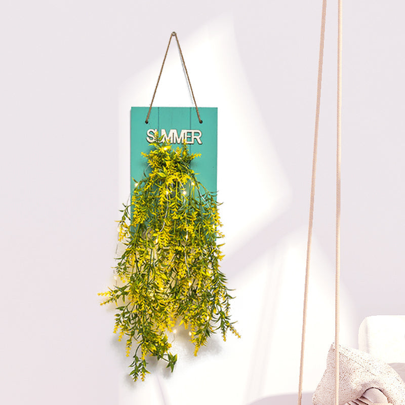 Skørter | Flower light string with blue wooden back panel modern glass container wall lamp for café restaurant