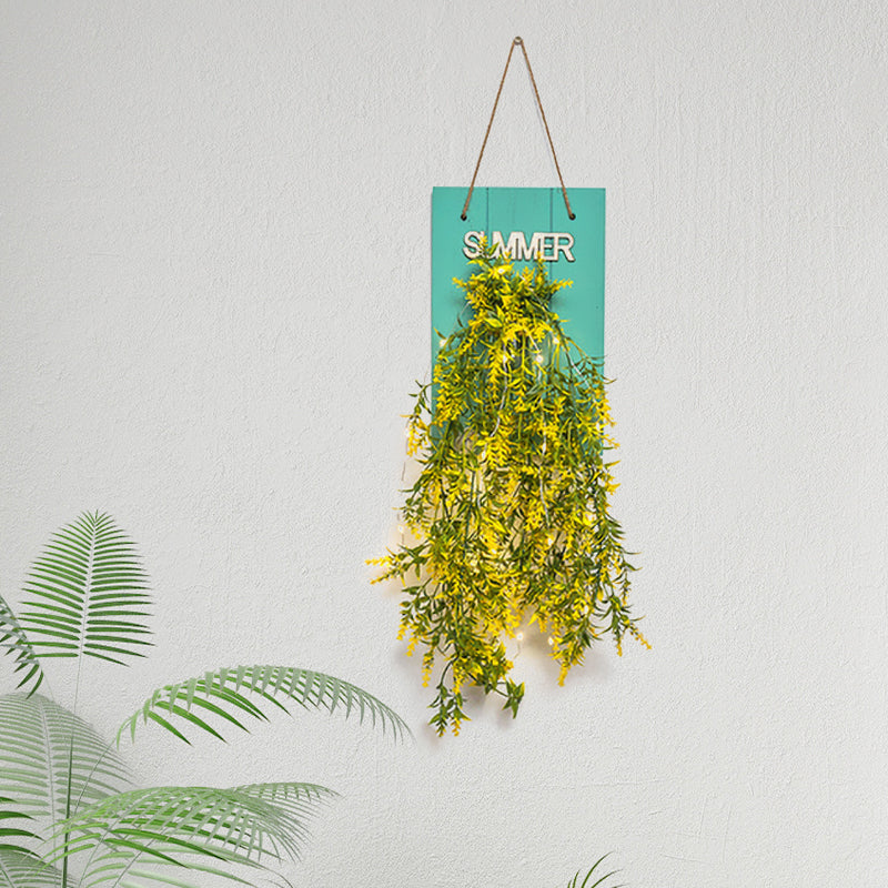 Skørter | Flower light string with blue wooden back panel modern glass container wall lamp for café restaurant