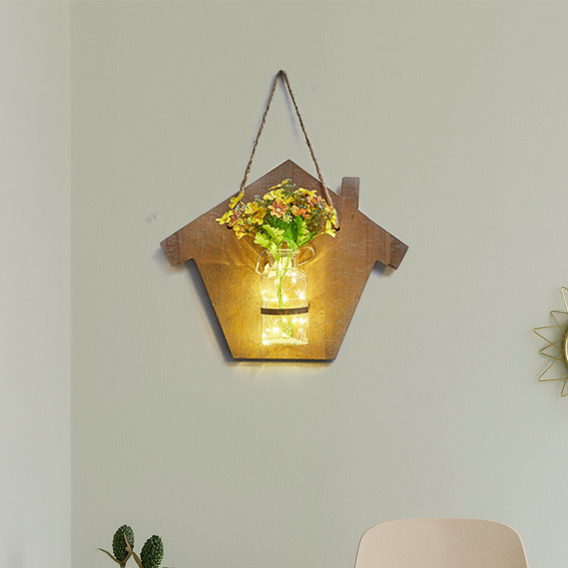 Skørter | Wooden House Shaped Wall Lamp Modern Flower/Plant Accent Cord Light for Café Tea Shop
