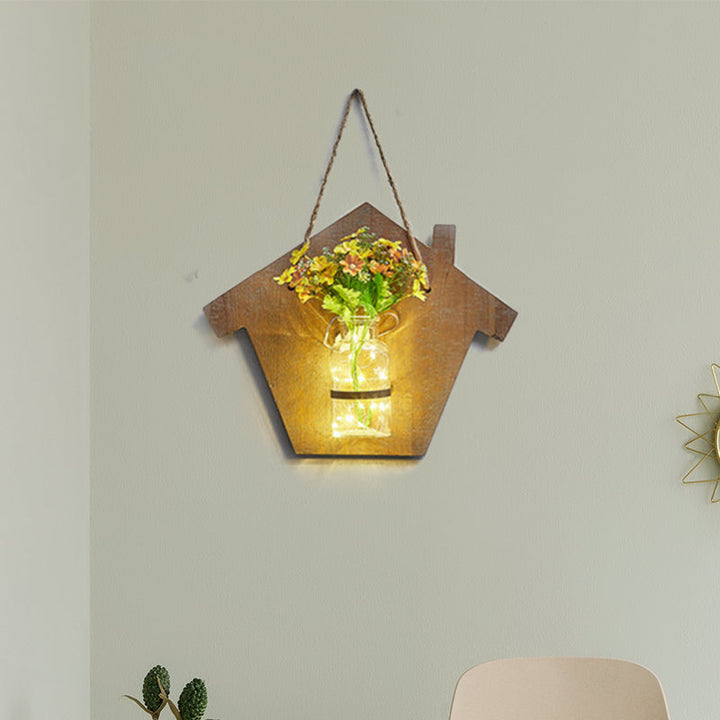 Skørter | Wooden House Shaped Wall Lamp Modern Flower/Plant Accent Cord Light for Café Tea Shop