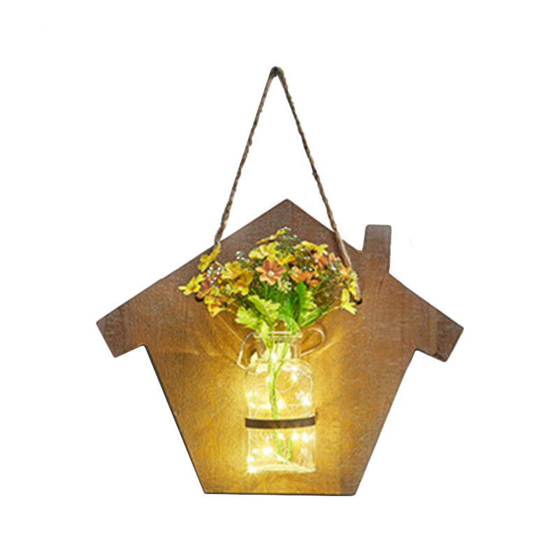 Skørter | Wooden House Shaped Wall Lamp Modern Flower/Plant Accent Cord Light for Café Tea Shop