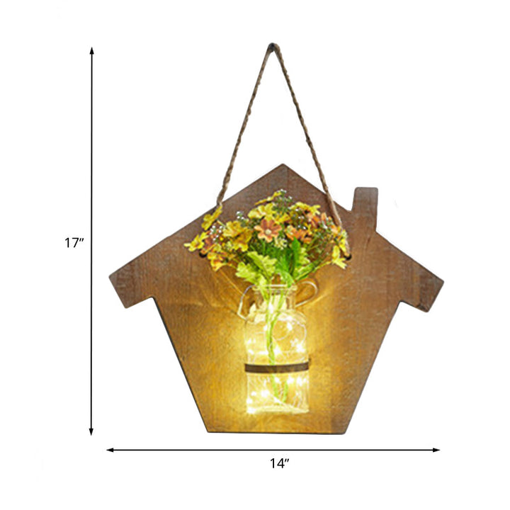 Skørter | Wooden House Shaped Wall Lamp Modern Flower/Plant Accent Cord Light for Café Tea Shop