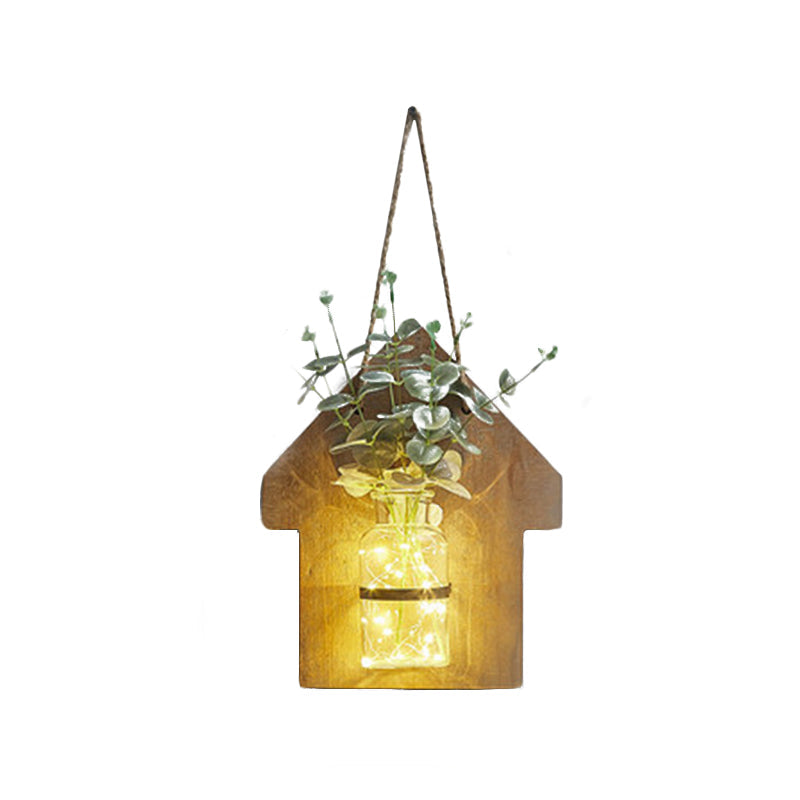 Skørter | Wooden House Shaped Wall Lamp Modern Flower/Plant Accent Cord Light for Café Tea Shop