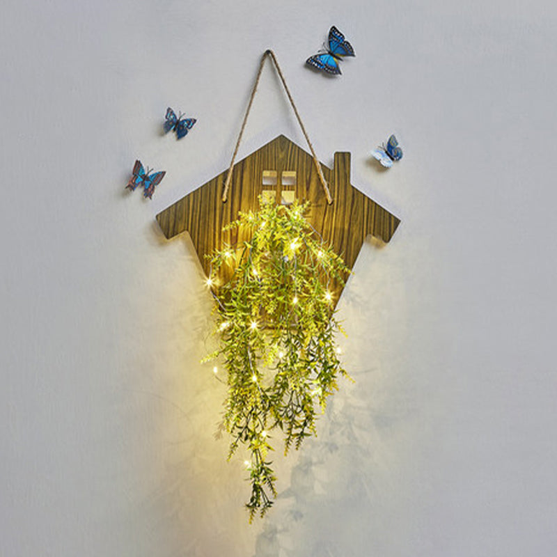 Skørter | Wooden House Shaped Wall Lamp Modern Flower/Plant Accent Cord Light for Café Tea Shop