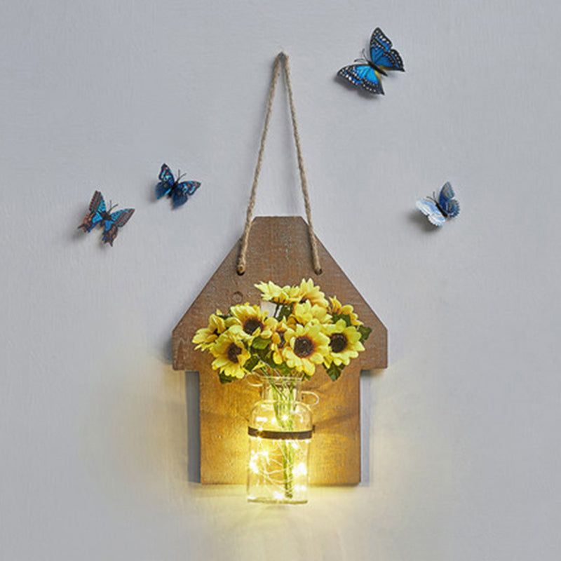 Skørter | Wooden House Shaped Wall Lamp Modern Flower/Plant Accent Cord Light for Café Tea Shop