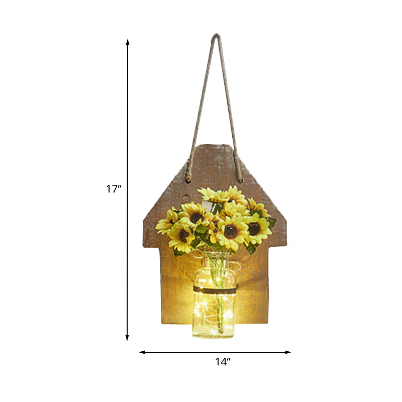 Skørter | Wooden House Shaped Wall Lamp Modern Flower/Plant Accent Cord Light for Café Tea Shop