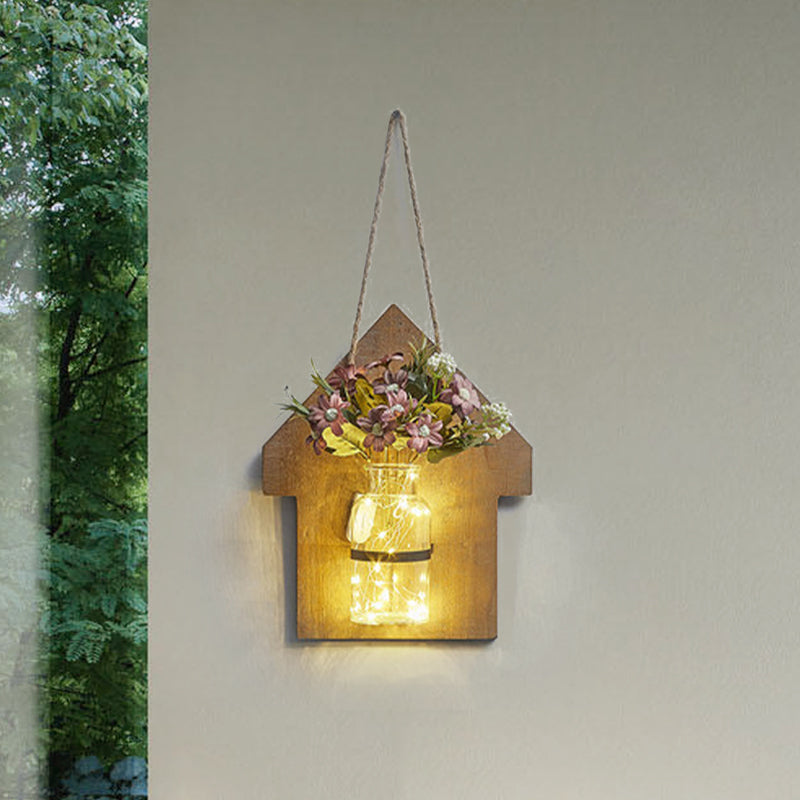 Skørter | Wooden House Shaped Wall Lamp Modern Flower/Plant Accent Cord Light for Café Tea Shop