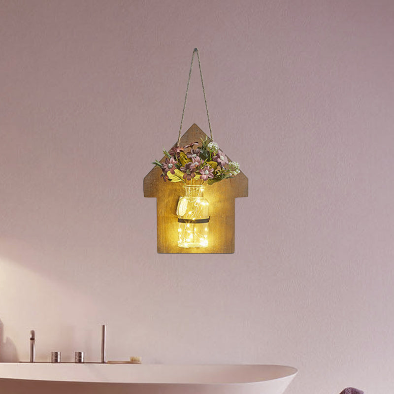 Skørter | Wooden House Shaped Wall Lamp Modern Flower/Plant Accent Cord Light for Café Tea Shop