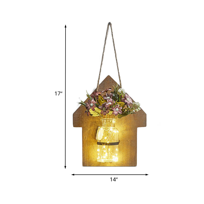 Skørter | Wooden House Shaped Wall Lamp Modern Flower/Plant Accent Cord Light for Café Tea Shop