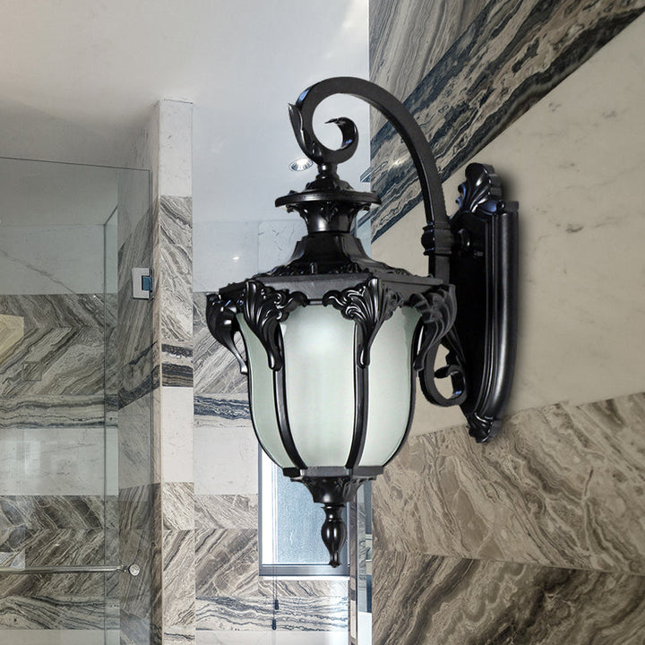 Skørter | Acorn Outdoor Wall Lamp Fixture Lodges White Glass 1 Light Black/Brass Finish Wall Lamp with Swirl Arm
