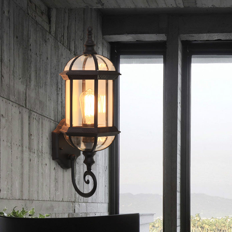 Skørter | Clear Glass Birdcage Wall Light Country 1 Bulb Outdoor Wall Light in Black/Brass with Twisted Arm