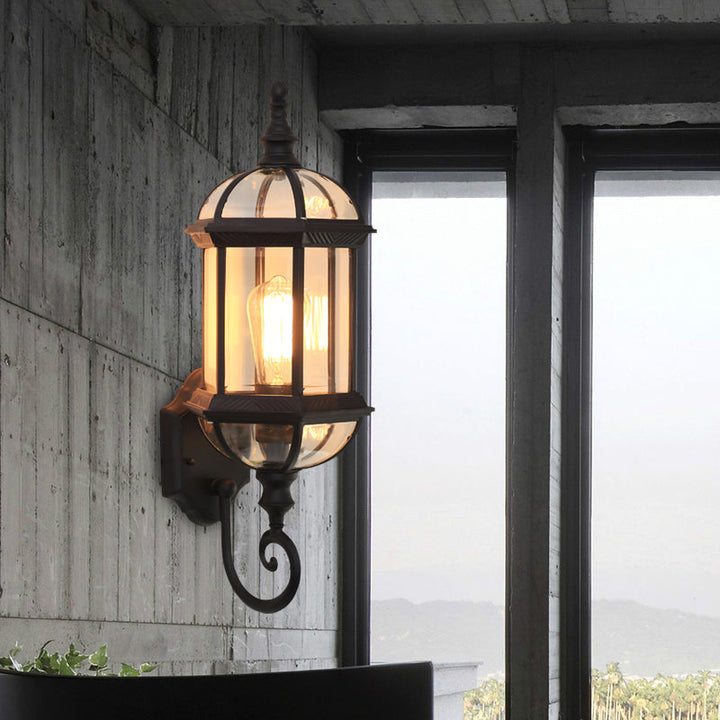 Skørter | Clear Glass Birdcage Wall Light Country 1 Bulb Outdoor Wall Light in Black/Brass with Twisted Arm