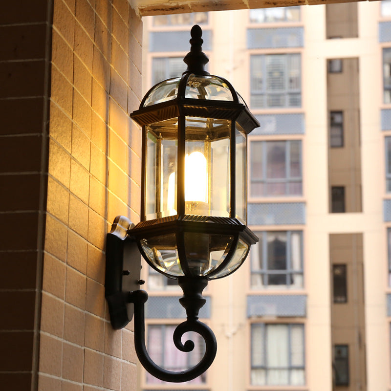 Skørter | Clear Glass Birdcage Wall Light Country 1 Bulb Outdoor Wall Light in Black/Brass with Twisted Arm
