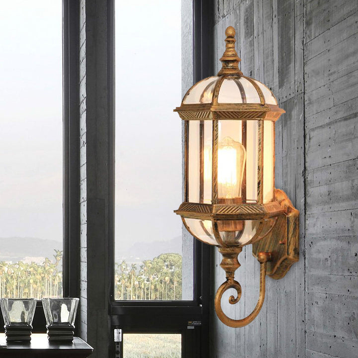 Skørter | Clear Glass Birdcage Wall Light Country 1 Bulb Outdoor Wall Light in Black/Brass with Twisted Arm