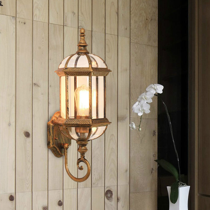 Skørter | Clear Glass Birdcage Wall Light Country 1 Bulb Outdoor Wall Light in Black/Brass with Twisted Arm