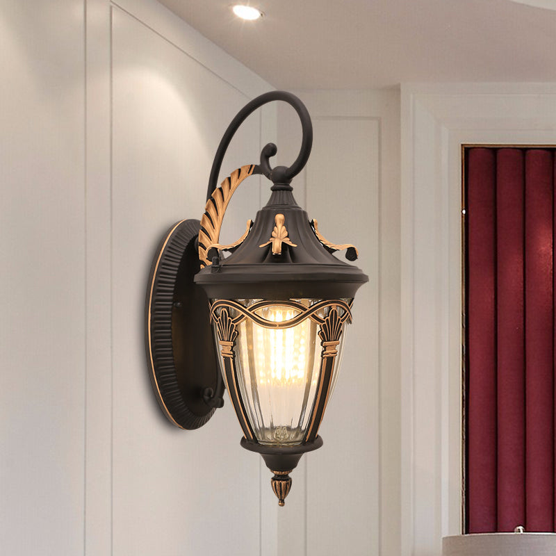 Skørter | Brass/black pinecone wall lamp farmhouse clear ribbed glass 1 bulb outdoor wall light