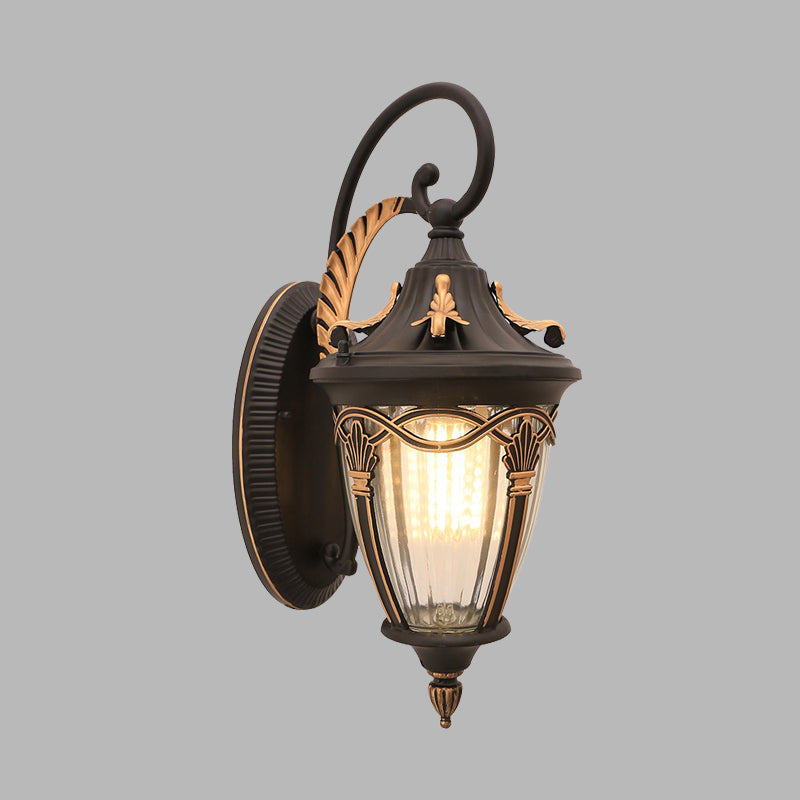 Skørter | Brass/black pinecone wall lamp farmhouse clear ribbed glass 1 bulb outdoor wall light