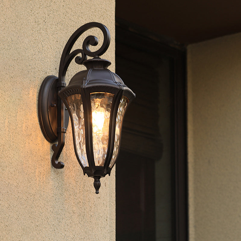 Skørter | 1-Light Water Glass Wall Lighting Rustic Black Urn Outdoor Corner Wall Mount Lamp Fixture