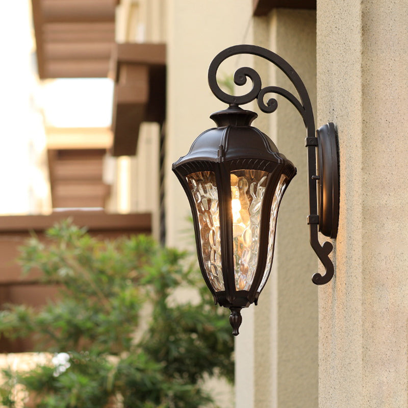 Skørter | 1-Light Water Glass Wall Lighting Rustic Black Urn Outdoor Corner Wall Mount Lamp Fixture