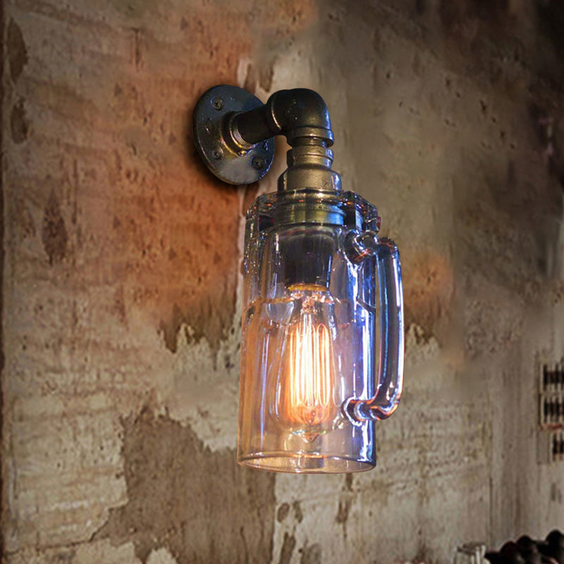 Skørter | Glass Beer Mug Wall Light Antique Stylish 1 Light Corridor Wall Mount Light with Hookah in Bronze/Black
