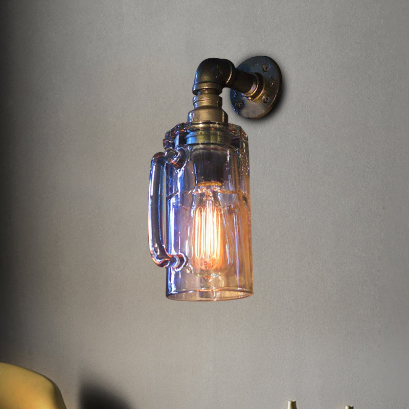 Skørter | Glass Beer Mug Wall Light Antique Stylish 1 Light Corridor Wall Mount Light with Hookah in Bronze/Black